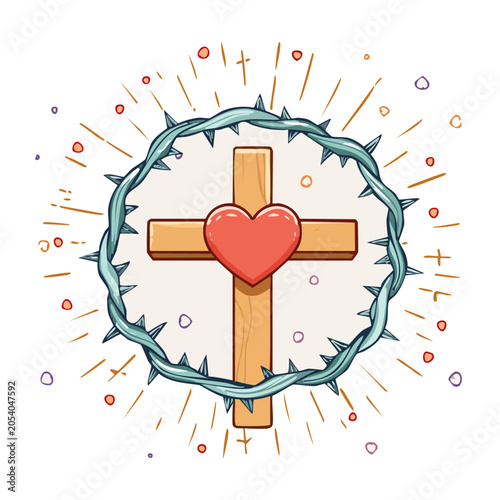 Christian Cross with Heart and Crown of Thorns Illustration