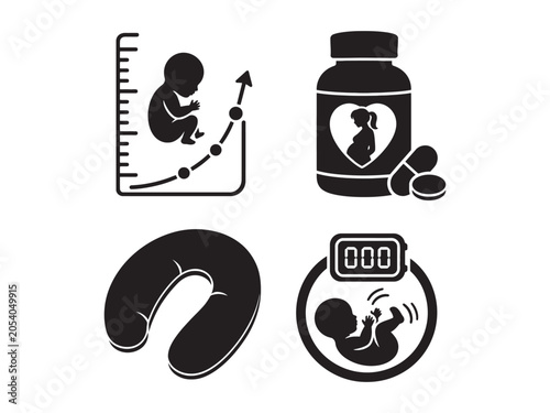 Photos Black and white silhouette icons of pregnancy and baby growth stages and develop
