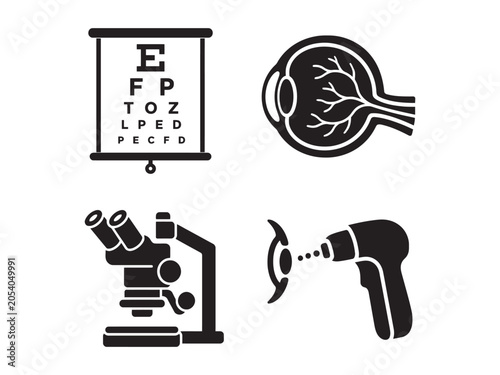 Comprehensive collection of ophthalmology and vision care icons illustrating medical instruments, anatomical eye structures, and diagnostic tools for optical health and vision correction