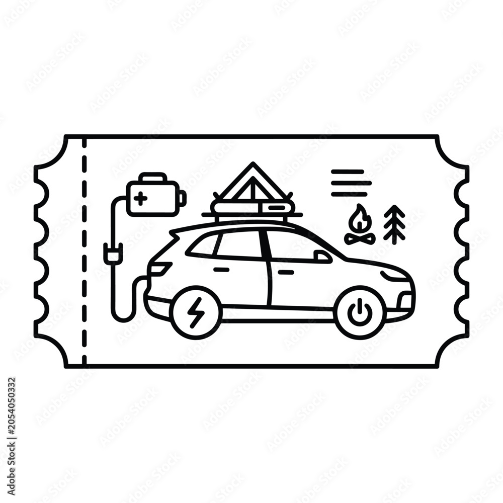 Naklejka premium Electric vehicle camping ticket icon, EV car road trip with roof tent and portable power station, sustainable travel vector