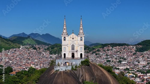 Aerial View of Basilica Sanctuary of Our Lady of Penha Built on a Rock With Views of the Neighborhood Behind in Rio de Janeiro City