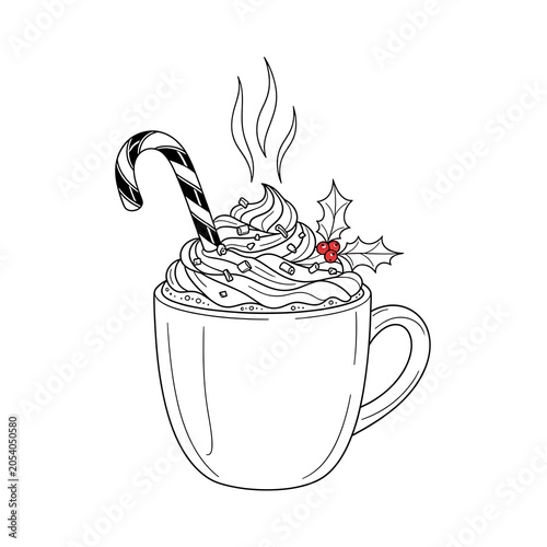 Festive Hot Chocolate with Candy Cane and Holly Illustration.