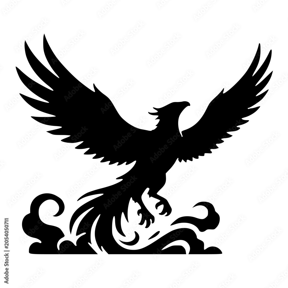 Fototapeta premium Rising firebird phoenix silhouette emerging from flames and smoke