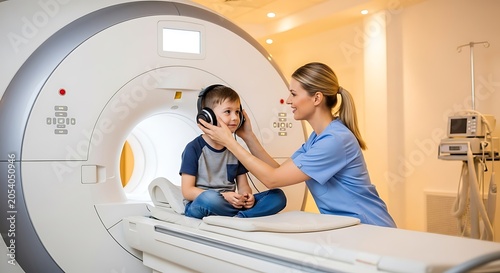 Child Undergoing MRI Scan with Nurse Assistance and Headphones.
