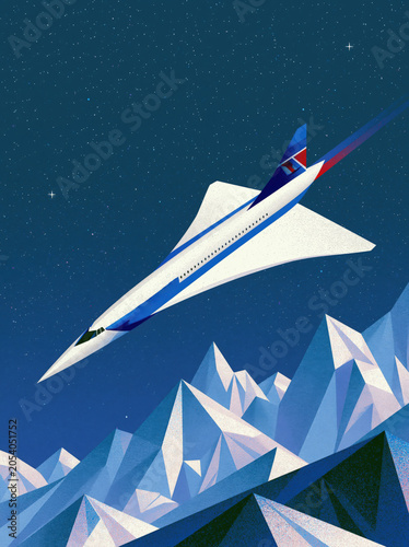 Flying airplane over mountains at night time with stars in the sky