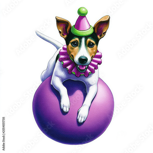 Dog in a party hat sits on a purple ball during a fun event