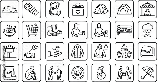 Obraz na plátně Homelessness and charity line icon set featuring social support donation refugee shelter volunteer help poverty and humanitarian aid vector elements