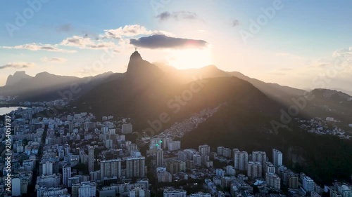 Aerial View of Botafogo Neighborhood on Sunset With Hills Around and Corcovado Mountain in Rio de Janeiro, Brazil.