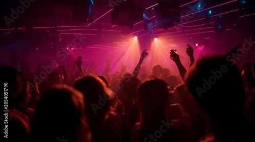 Excited crowd dancing in a nightclub with red stage lighting.