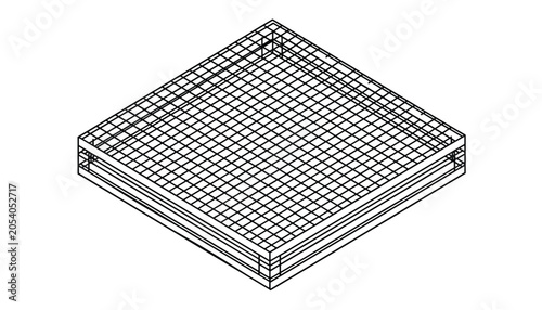 Technical isometric line drawing of a industrial metal grate platform on a white background with thin black lines.