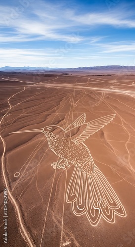 Nazca Lines Hummingbird Geoglyph - Ancient Peruvian Desert Art.
