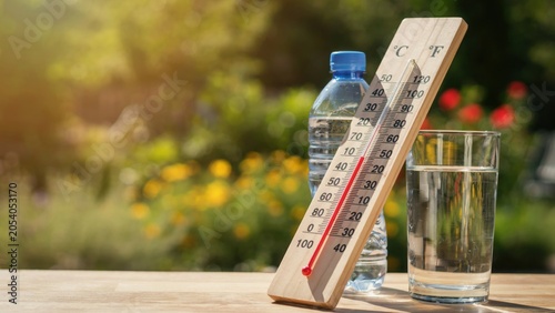 Wooden thermometer showing high temperature with water bottle and glass of water on table outdoors