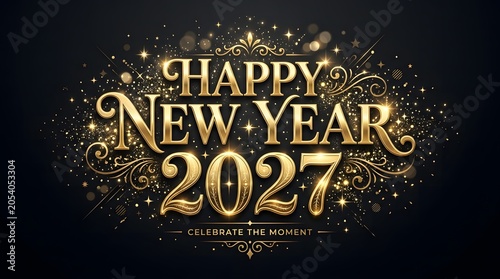 Elegant golden new year 2027 typography with sparkling festive decorations