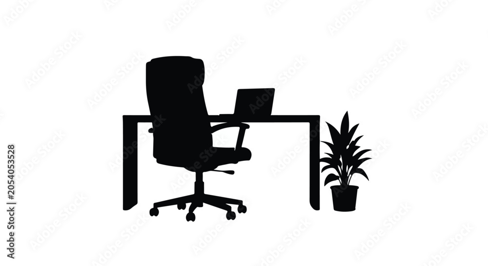 Fototapeta premium Modern office desk setup with laptop and chair, ready for productive work