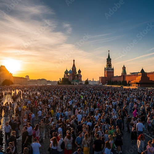 Crowd Gathers in Moscows Red Square at Sunset.