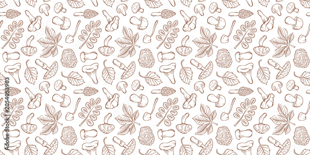 Fototapeta premium Hand drawn seamless pattern with line art style forest mushroom and leaf. Autumn harvest and nature concept illustration for fabric, paper.