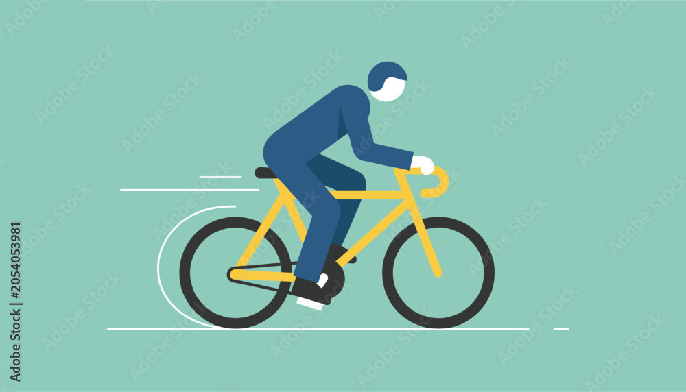 Fototapeta premium Graphic vector illustration of a man riding a yellow road bicycle fast isolated on a solid green background.