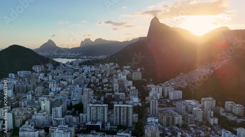 Aerial View of Botafogo Neighborhood on Sunset With Hills Around and Corcovado Mountain in Rio de Janeiro, Brazil.