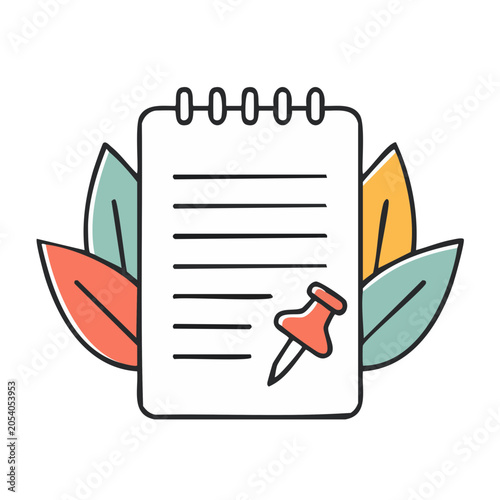Hand drawn notebook with leaves and pin