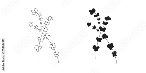 Lavender flower branches line art outline and black silhouette vector icon set isolated on white background.