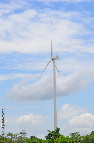 A high-quality photograph of modern wind turbines generating clean renewable energy against a beautiful sky. Symbolizing sustainable development, green technology, environmental conservation, and the 