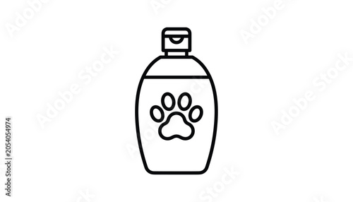 Simple black outline icon of a pet shampoo or grooming lotion bottle isolated on a clean white background.