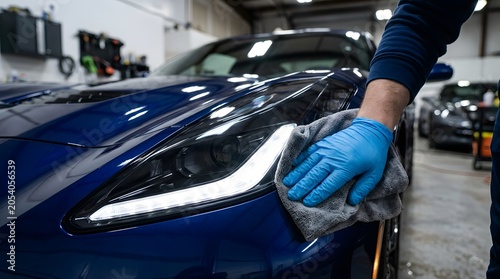 Professional detailer cleaning blue luxury car headlight with grey microfiber cloth now.