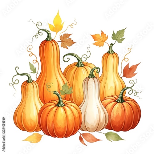 Autumnal Abundance - A Watercolor Harvest of Pumpkins and Gourds.