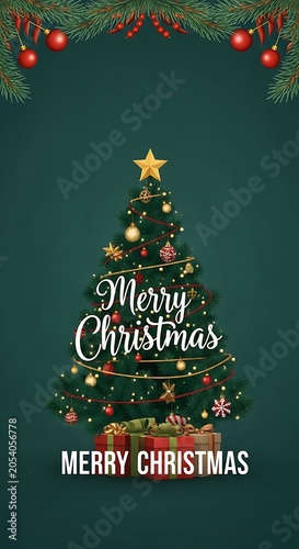 Festive Christmas Tree with Merry Christmas Greetings and Decorations.