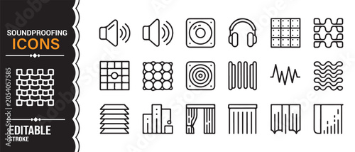 Soundproofing outline icon set with noise barrier acoustic panel and audio control symbols vector