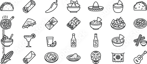 Fotografie Mexican food and culture icons set featuring traditional cuisine tacos nachos tequila skull and guitar line art