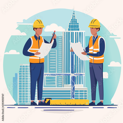 Construction Workers Reviewing Blueprints with Cityscape Background