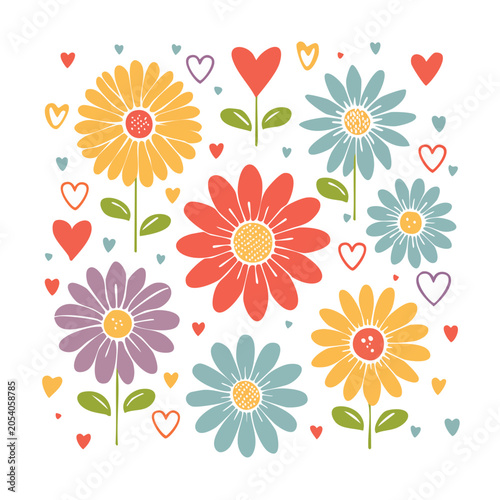 Cute flowers and hearts pattern illustration
