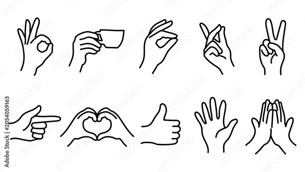 Fototapeta premium Minimalist Hand Gestures Collection Set Featuring Expressive Palm Poses and Sign Language Symbols Drawn with Clean Black Outlines on White