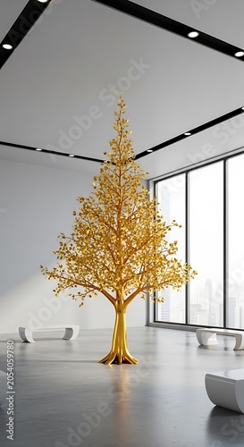Golden Tree in Modern Interior - A Symbol of Luxury and Elegance.