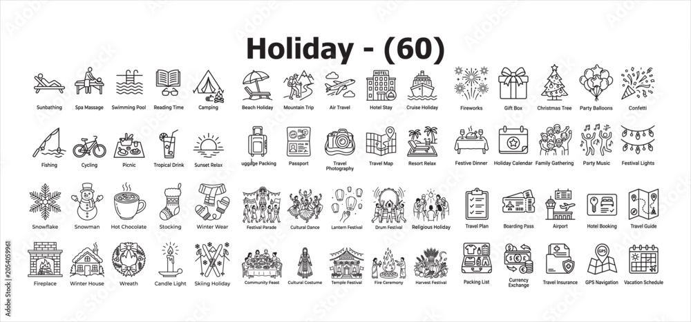 Fototapeta premium Holiday icons collection vector graphics for seasonal celebrations travel and winter activities