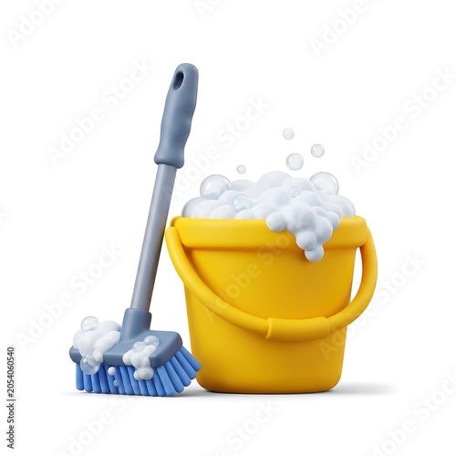 3D digital render of yellow plastic bucket with white soap suds and blue brush isolated on white background