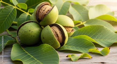 Fresh Walnuts in Green Husks with Leaves on Wooden Surface.