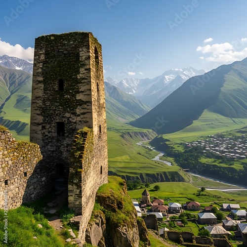 Medieval Tower in Georgias Caucasus Mountains - A Historic Landscape.