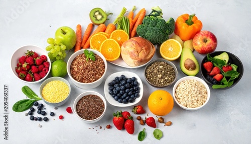 Diverse healthy food ingredients and superfoods in white bowls.