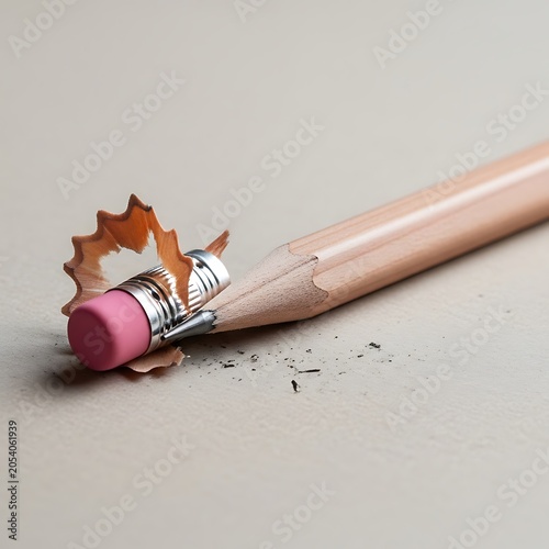 Close-up of a sharpened pencil with shavings and eraser.