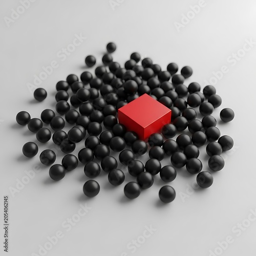 Red Cube Amidst Black Spheres - A Study in Contrast and Focus.