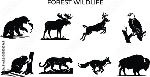 Canvas Print Vector silhouettes of North American forest wildlife animals including bear, moo