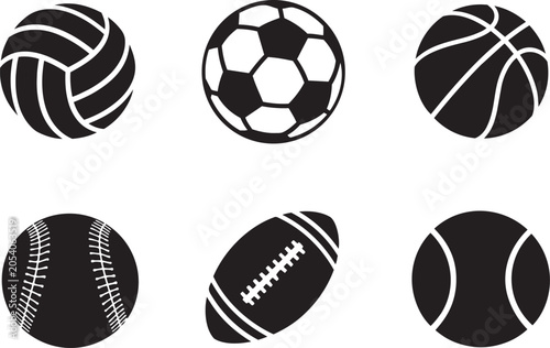 Collection of six sport ball icons including volleyball soccer basketball baseball football and tennis in a simple flat black and white vector design for sports apps and websites