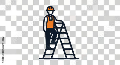 Construction Worker Icon Climbing a Ladder - Industrial Safety and Career Growth Vector Illustration