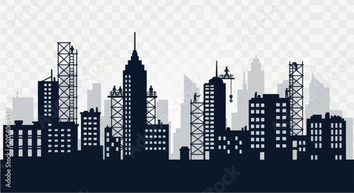 Construction Site City Skyline Silhouette with Skyscrapers and Cranes for Urban Development Concepts