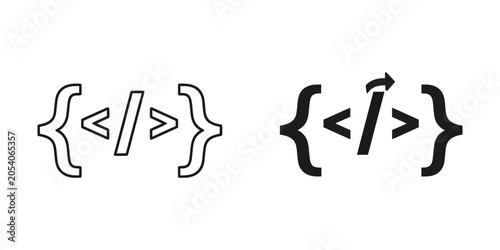 Programming code symbols within curly braces on a white background with one symbol showing an arrow