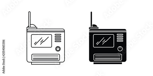 Retro walkie talkie outline and solid silhouette on white background conceptualizing communication