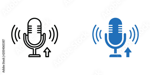 Retro microphone broadcasting sound waves with upward arrow for podcasting or recording concepts on white background