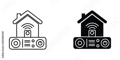 Smart home device with Wi-Fi signal above a control panel during clean background for technology concepts